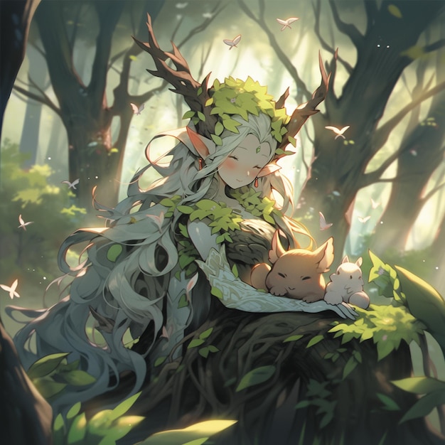 Illustration de style anime d'une femme avec un chat dans une forêt ai générative