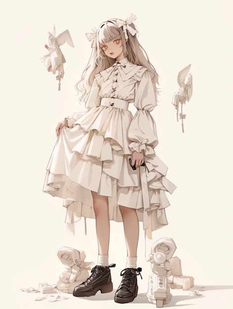 illustration de style anime d'une femme dans une robe blanche avec un tas d'animaux en peluche