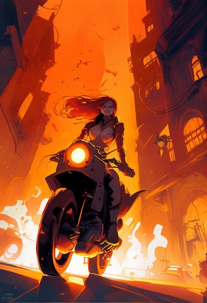 Illustration de style anime d'une femme à moto dans la ville ai générative