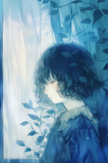 Une illustration de style animé, une fille entourée de feuilles bleues, une introspection légère et calme.