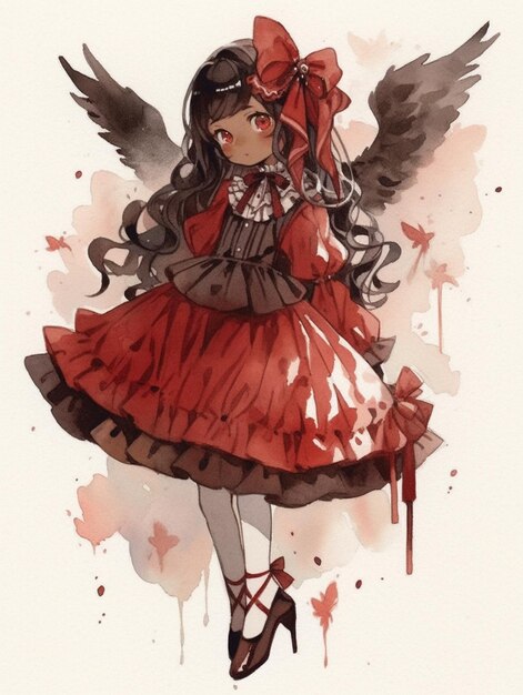 Illustration de style anime d'une fille vêtue d'une robe rouge avec des ailes générative ai