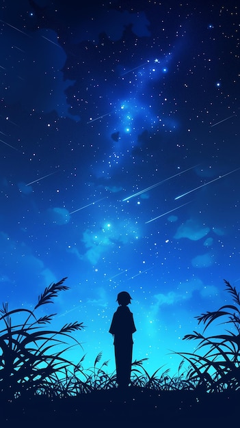 Illustration de style anime personne étoilé ciel nocturne nuages champ d'étoiles filantes