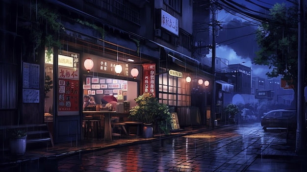 illustration de style anime d'une scène de rue avec un café et une voiture ai générative