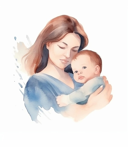 Illustration de style aquarelle fête des mères mère tenant bébé