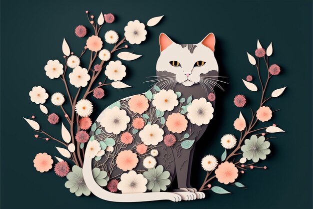 illustration de style d'art sur papier d'un chat avec une fleur de fleur générative Ai