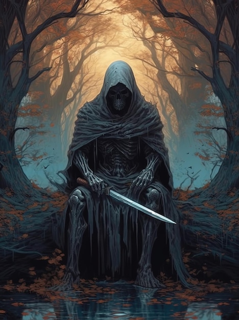 Illustration de style dessin animé AI générative de Grim Reaper avec des crânes et des os