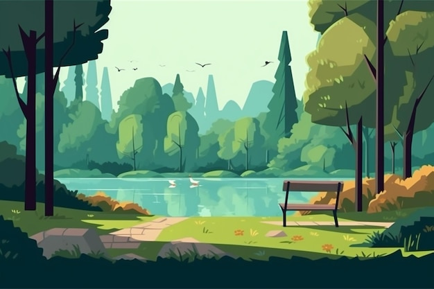 Une illustration de style dessin animé d'un banc dans un parc au bord d'un lac ai générative