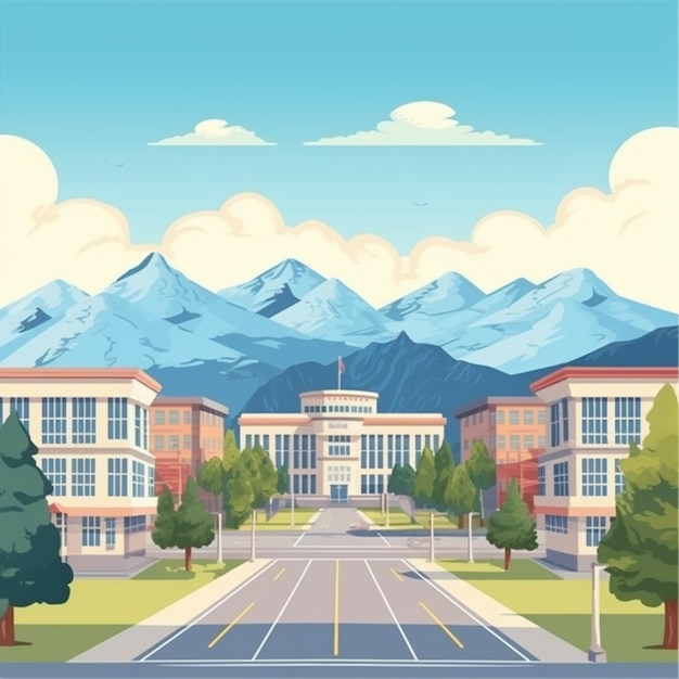 une illustration de style dessin animé d'un bâtiment scolaire avec des montagnes en arrière-plan