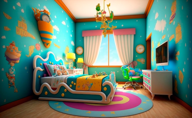 Illustration de style de dessin animé de chambre d'enfants dans des couleurs turquoises