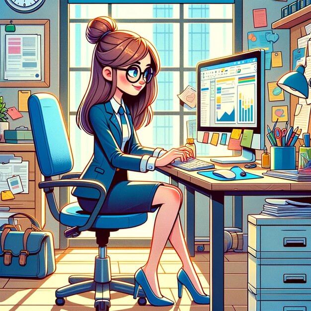 Photo illustration de style dessin animé colorée et joyeuse montrant une fille travaillant dans un bureau