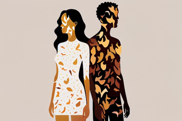 Illustration de style dessin animé de deux personnes avec une peau de vitiligo sur fond blanc aimez-vous