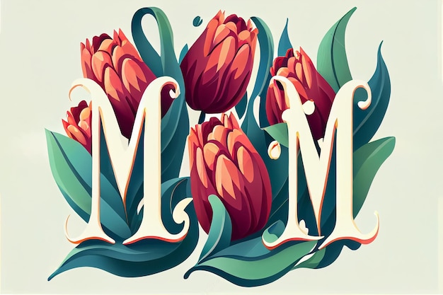 Illustration de style dessin animé de fleurs pour féliciter la fête des mères et inscription de texte maman AI