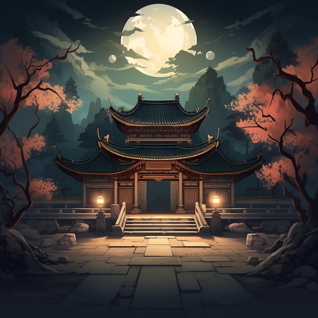 Une illustration de style dessin animé d'un fond de jeu de temple chinois