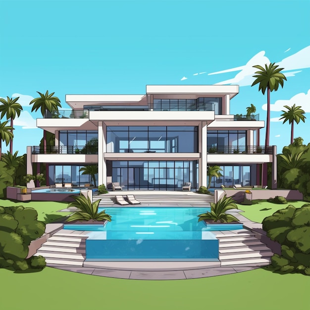 une illustration de style dessin animé d'une maison moderne avec une piscine ai générative