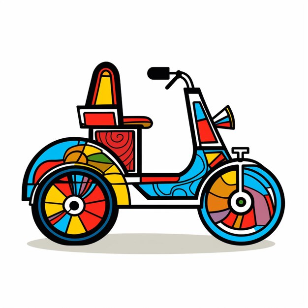 une illustration de style dessin animé d'une moto colorée avec un panier à l'arrière