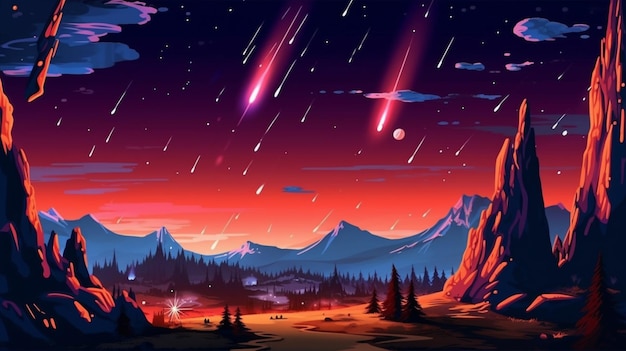 Une illustration de style dessin animé d'un paysage de montagne avec une comète de tir ai générative