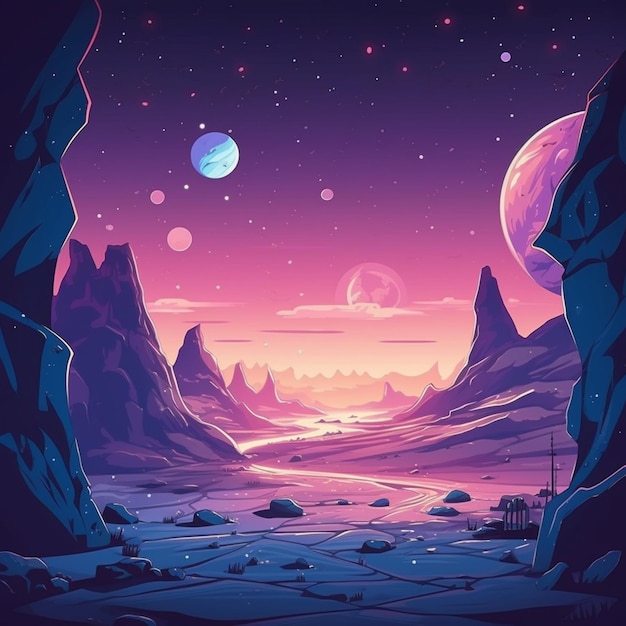 une illustration de style dessin animé d'un paysage avec des planètes et des montagnes ai générative