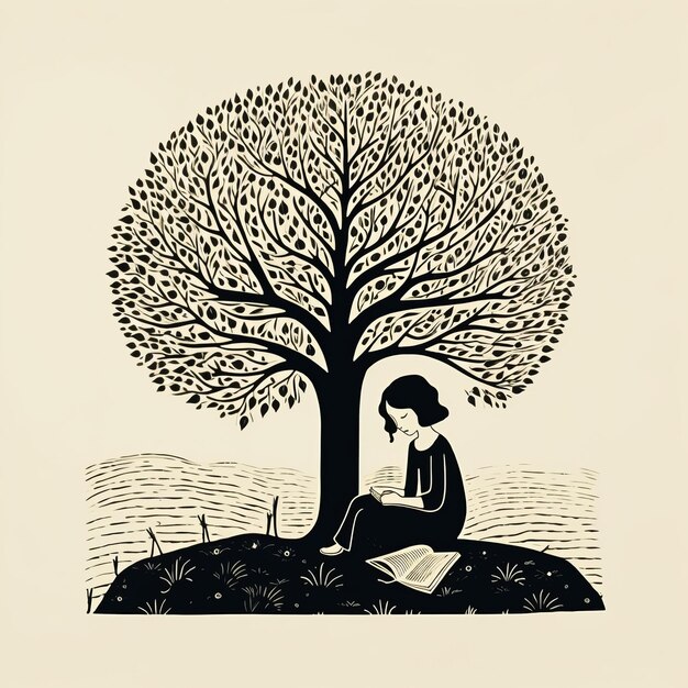 Illustration de style du milieu du siècle d'une fille lisant un livre sous un arbre