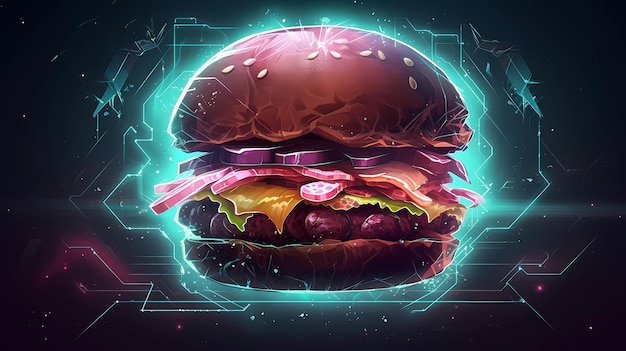 Illustration de style futuriste et néons de hamburger ou burger ai génératif