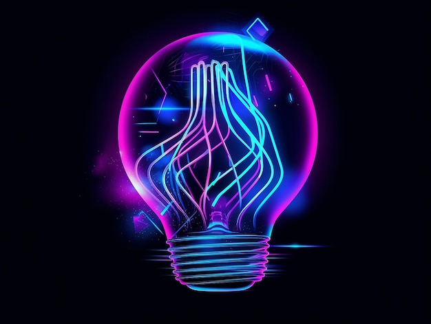 Illustration de style néon abstrait ampoule sur fond noir AI générative