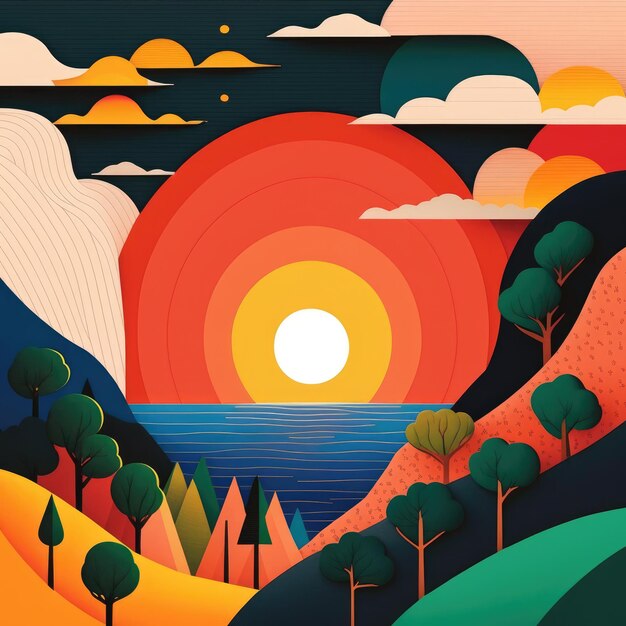 Photo illustration de style papier coloré des montagnes à l'horizon et de l'océan au coucher du soleil