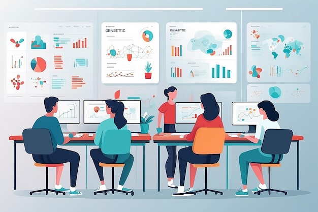 une illustration en style plat d'étudiants utilisant des algorithmes d'intelligence artificielle pour analyser les modèles dans les données génétiques illustration vectorielle en style plat