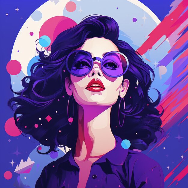 Photo illustration de style rétro colorée d'une femme avec des lunettes violettes