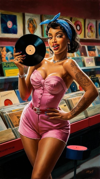 Photo illustration de style rétro d'un mannequin pinup dans un magasin de disques posant avec un lp vinyle classique