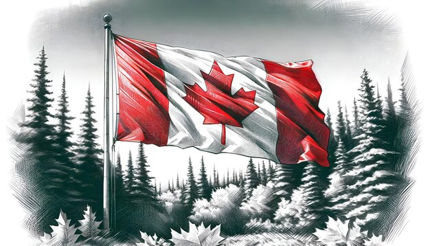 Illustration de style sketchy du drapeau canadien agitant dans la forêt de pins pour le drapeau national de la journée du Canada