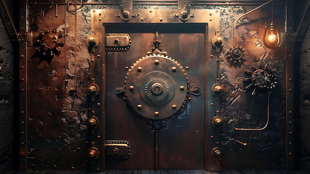 Une illustration de style steampunk d'une grande porte métallique avec un mécanisme de verrouillage complexe