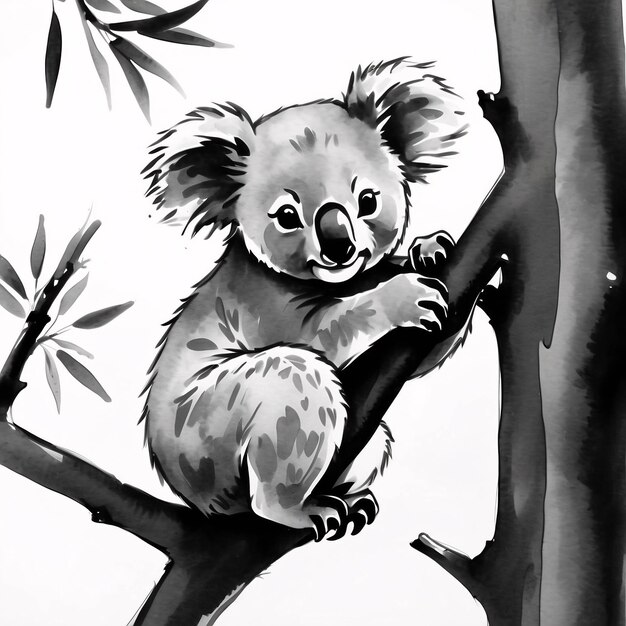 Photo illustration de style sumi e à l'encre noire et blanche peinture traditionnelle du koala