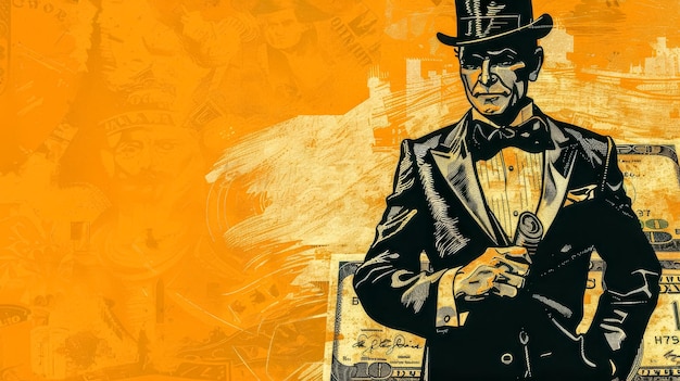 Illustration stylisée d'une figure de gangster classique dans un costume avec un fond de journal historique