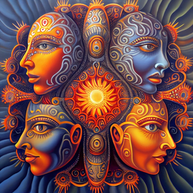 Illustration surréaliste abstraite de portrait psychédélique coloré avec cinq têtes