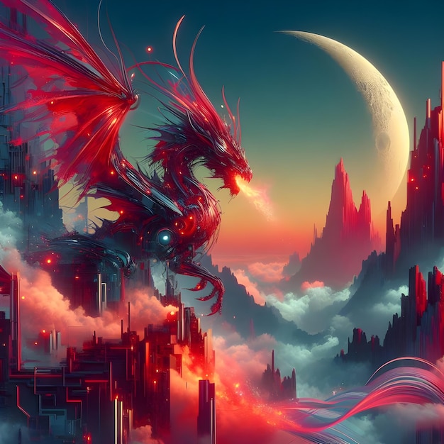 Illustration surréaliste Une haute falaise brumeuse avec un dragon rouge étincelant