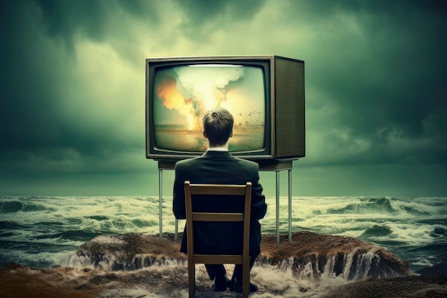 Illustration surréaliste d'un homme regardant la télévision par mer avec une explosion nucléaire derrière lui