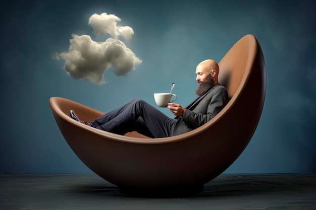 Illustration surréaliste d'un homme relaxant avec une tasse