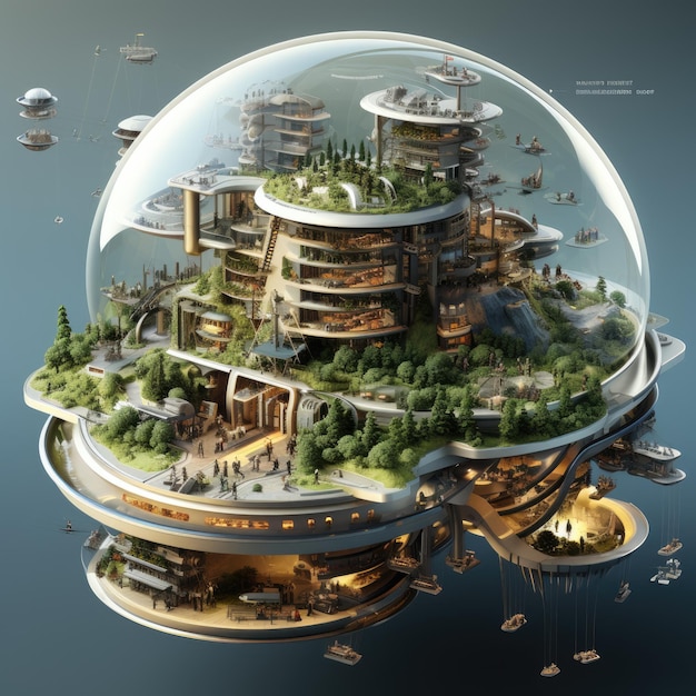 Illustration surréaliste sur le thème d'une ville fantastique du futur