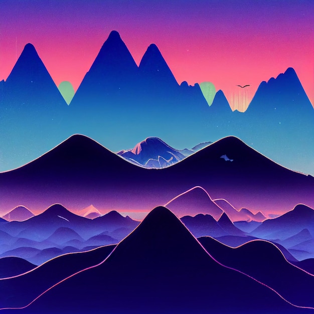 Illustration de synthwave de paysage de montagne Vaporwave