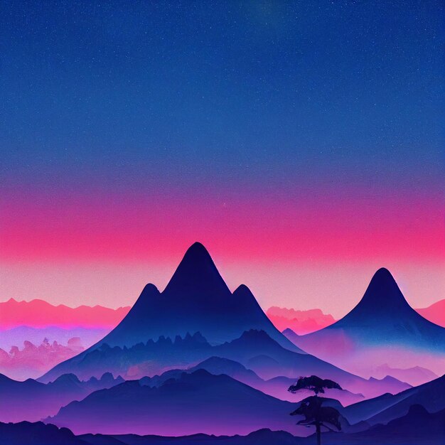 Illustration de synthwave de paysage de montagne Vaporwave