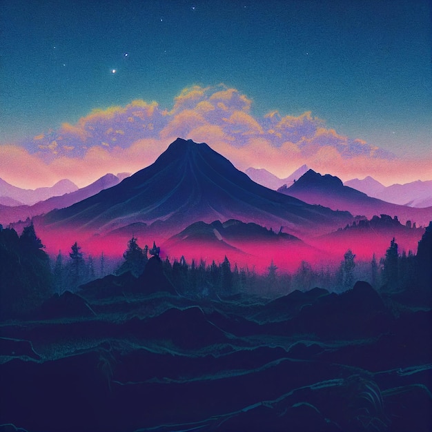 Illustration de synthwave de paysage de montagne Vaporwave