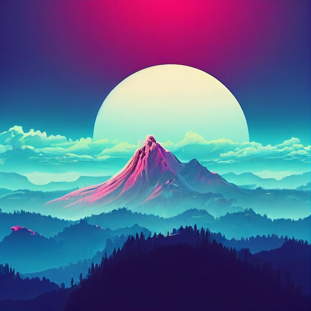 Illustration de synthwave de paysage de montagne Vaporwave