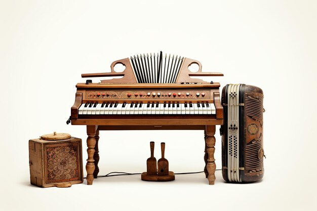 Photo illustration de tabla et harmonium à fond blanc