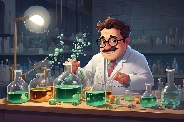 Une illustration d'une table de chimiste dans le laboratoire avec plusieurs flacons