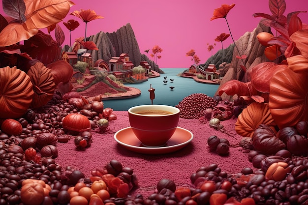 Illustration avec une tasse de café dans un monde fantastique de grains de café et de feuillage sur fond rose