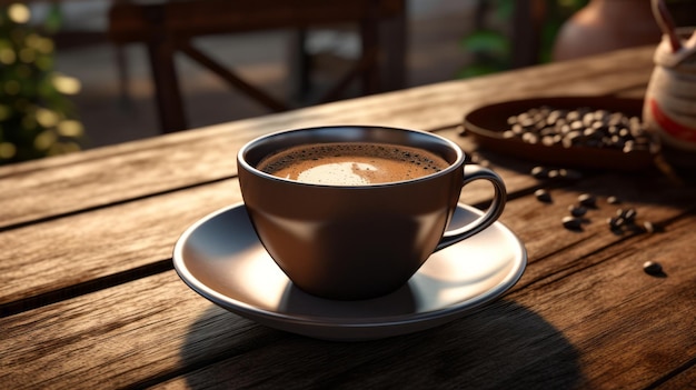 Illustration d'une tasse de café à la vapeur sur une table en bois