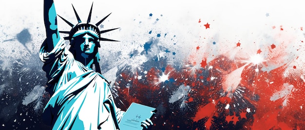 Illustration des États-Unis 4 juillet Jour de l'Indépendance Statue de la Liberté étoile rouge et bleue Ai Généré