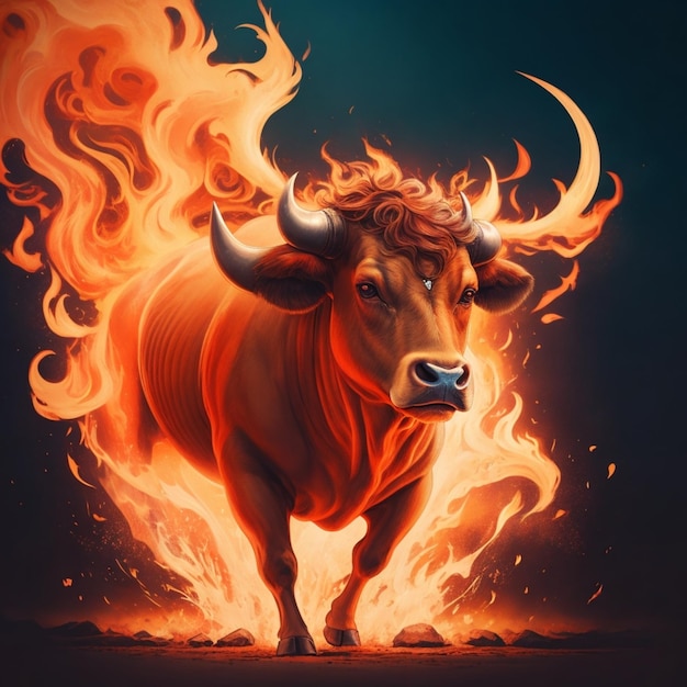 illustration, taureau, feu
