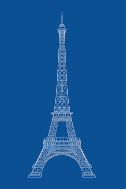 Photo illustration technique du plan de la tour eiffel de style filaire sur fond bleu. rendu 3d