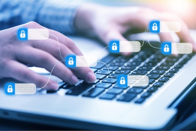 Illustration de la technologie blockchain, main d'affaires travaillant sur ordinateur portable