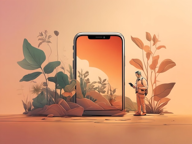 Une illustration d'un téléphone avec un homme miniature debout devant travaillant